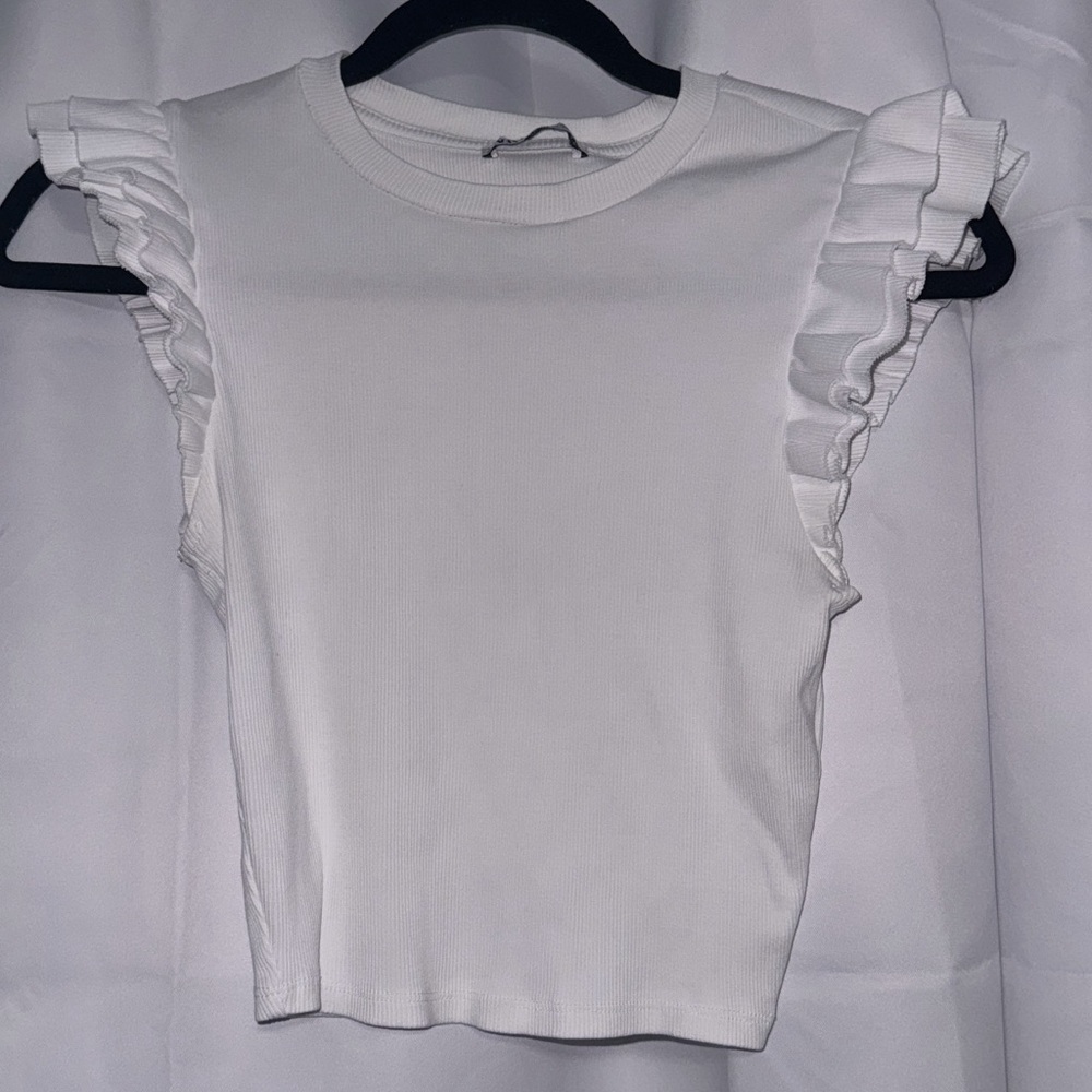 ZARA White Side Ruffle Top